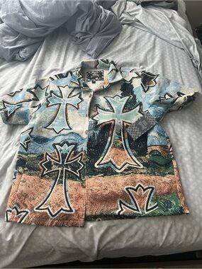 rebels Multicolor Woven Short Sleeve Shirt with Star and Cross Motifs